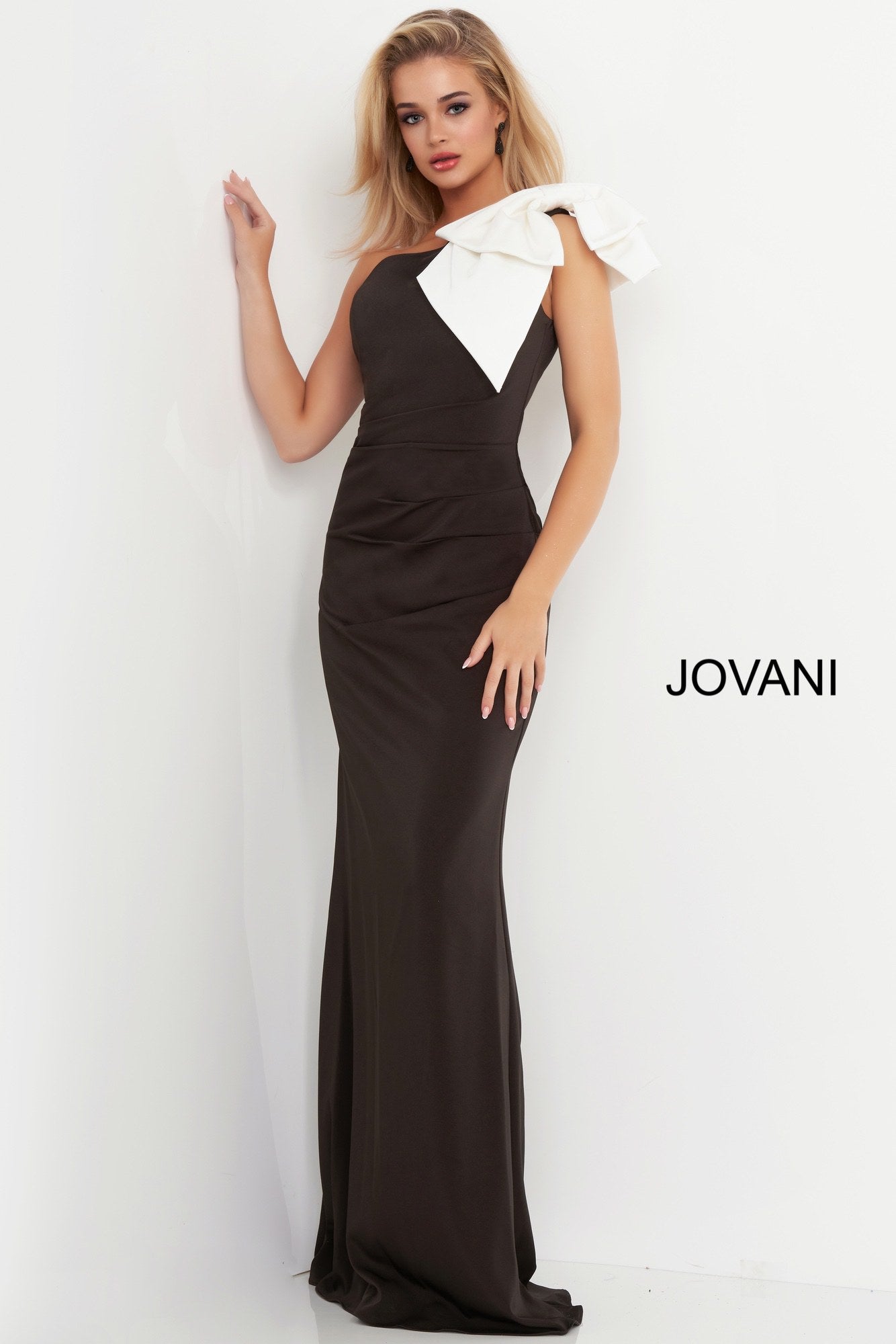 Jovani 4353 Black White One Shoulder Bow Evening Dress