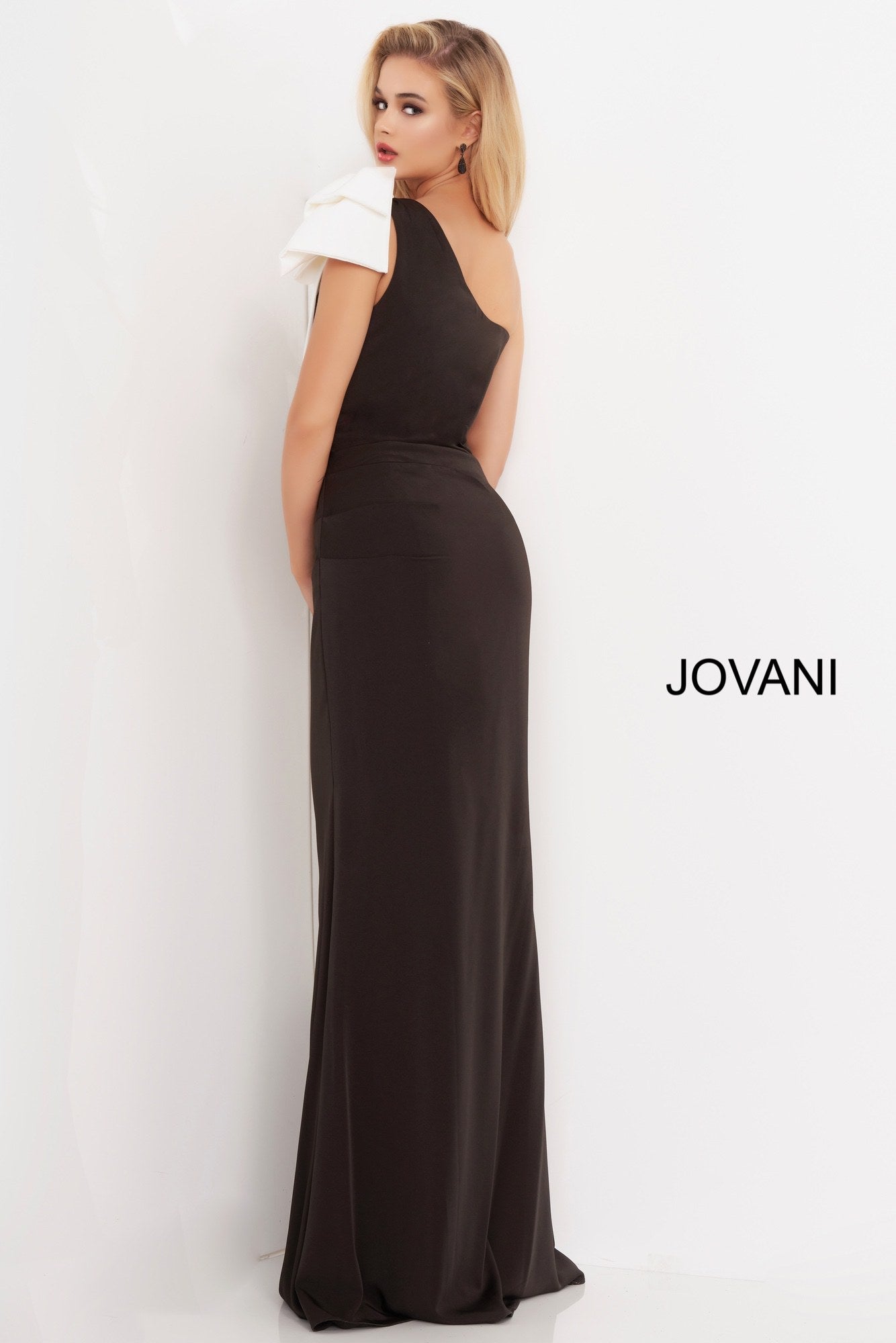 Black white asymmetric neckline evening dress Jovani 4353