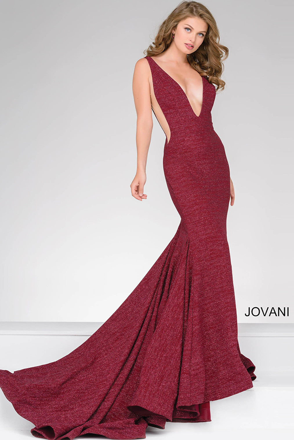 wine low v neckline long train prom gown 47075