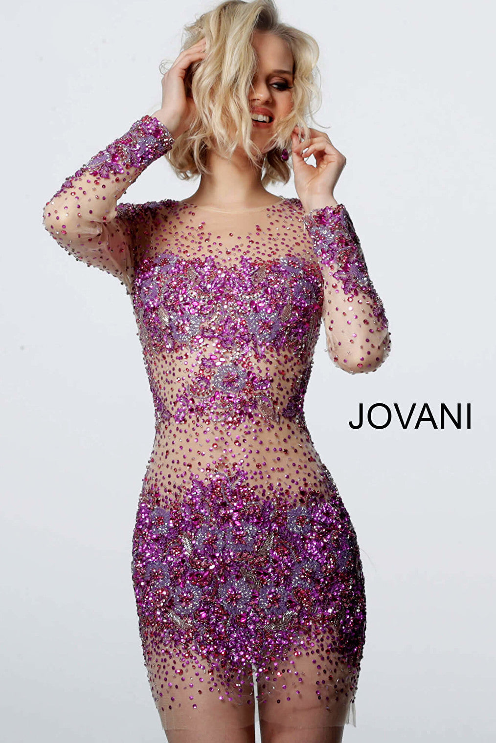Jovani beaded fuchsia sheer cocktail dress 47598