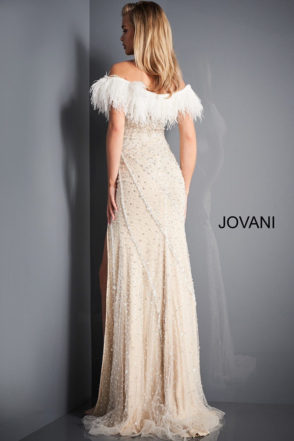 Feather neckline off white evening dress Jovani 4770