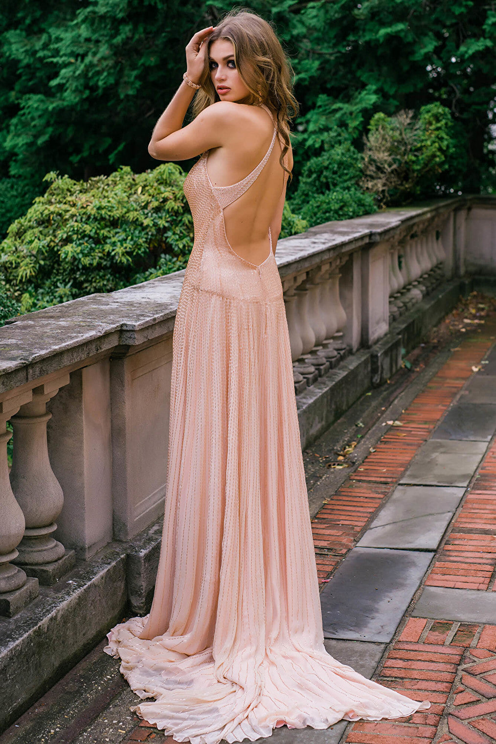 Jovani champagne backless evening gown 47780