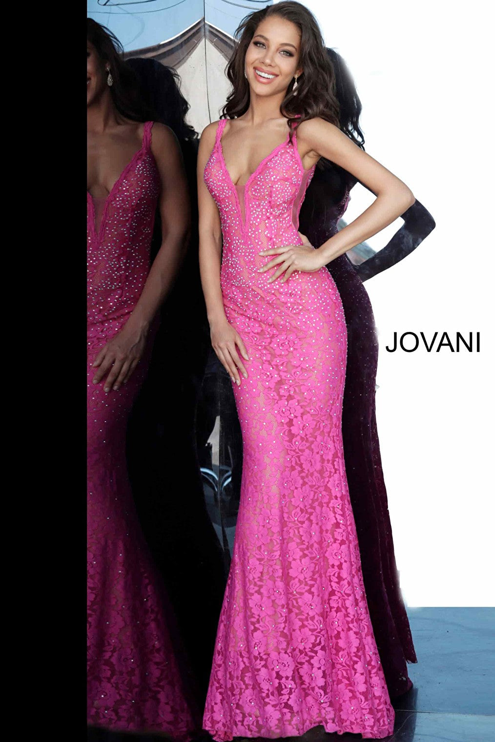 Fuchsia lace Jovani prom dress 48994