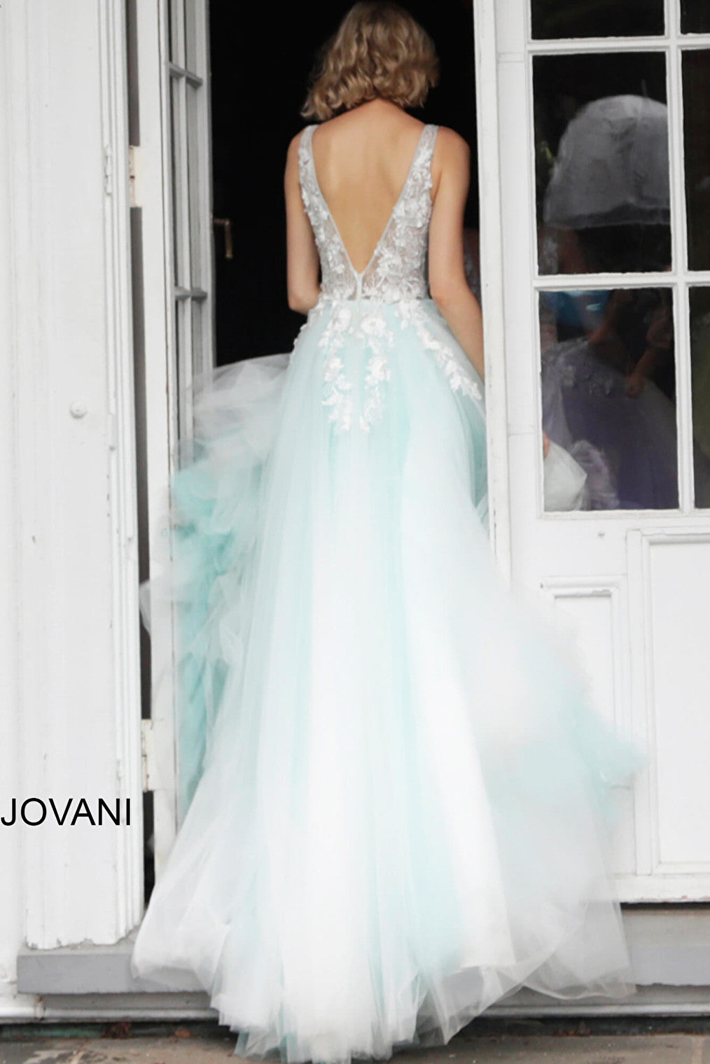 off white light blue v back prom gown 55634