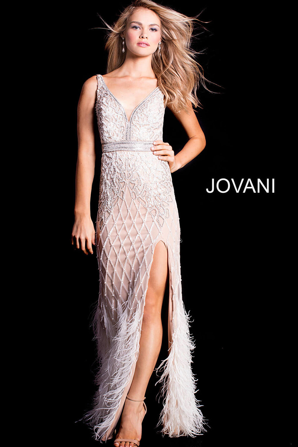 ivory jovani prom dress with feather bottom 55796