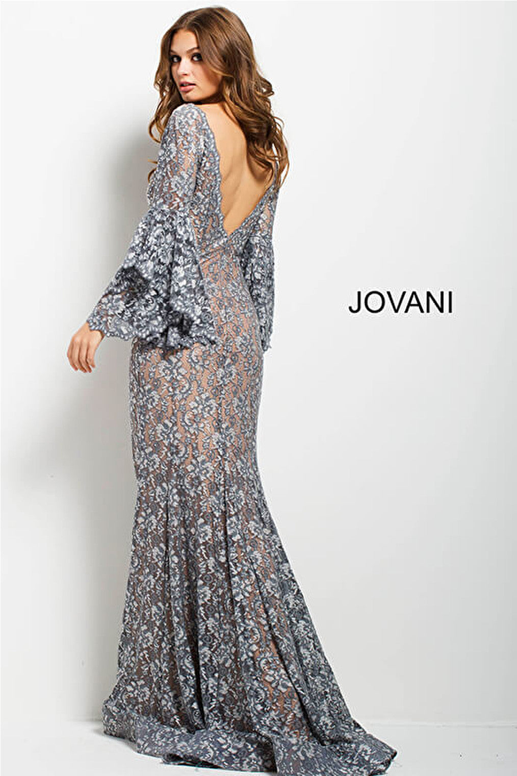 Shop Jovani 06546 Nude Silver Sheer Long Sleeve Couture Dress in Deptford,  NJ