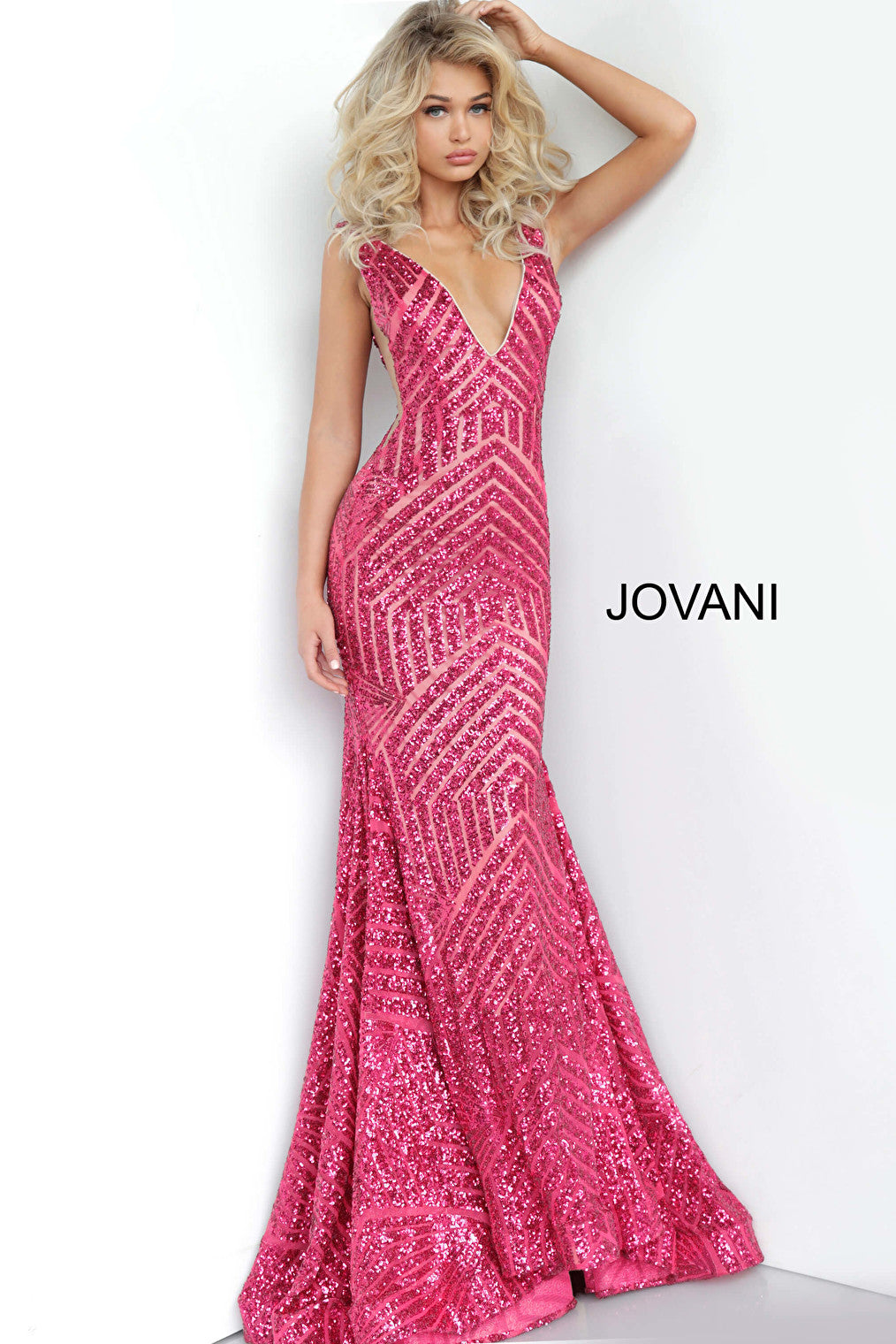 Plunging neck hot pink Jovani prom dress 59762