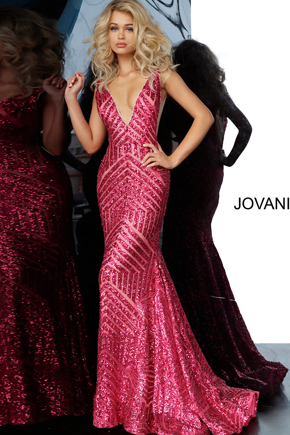 Fuchsia low V neck prom dress Jovani 59762