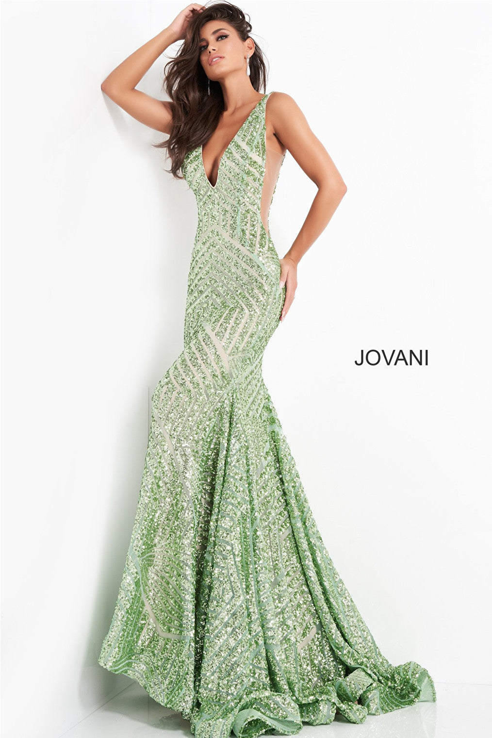 Pale green V neck Jovani prom dress 59762