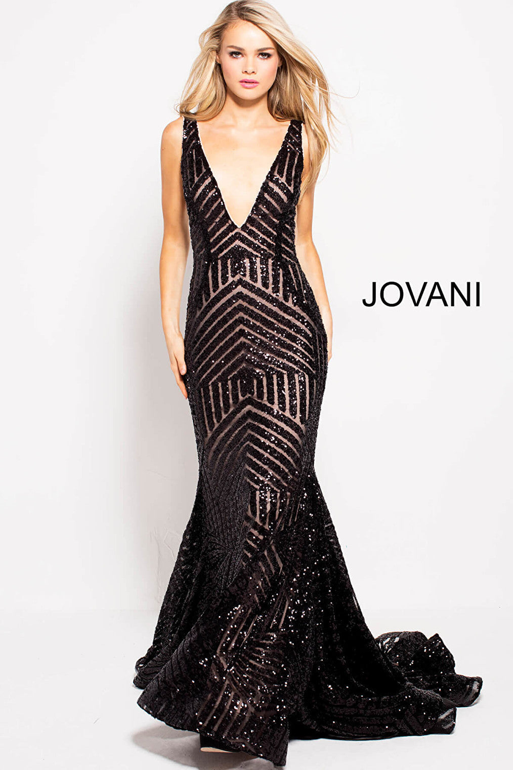 Black front view embellished long train prom dress 59762