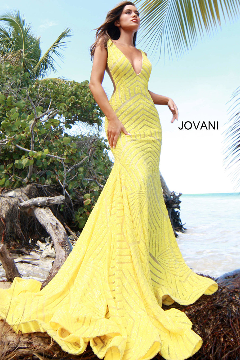 Bright yellow embellished sheath prom dress Jovani 59762