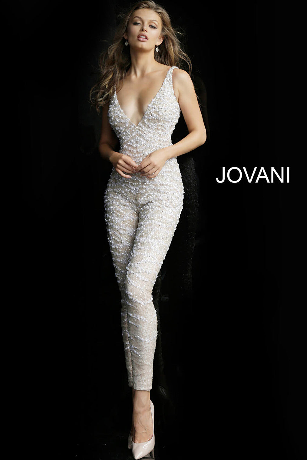 nude white embellished fitted prom jumpsuit 60010