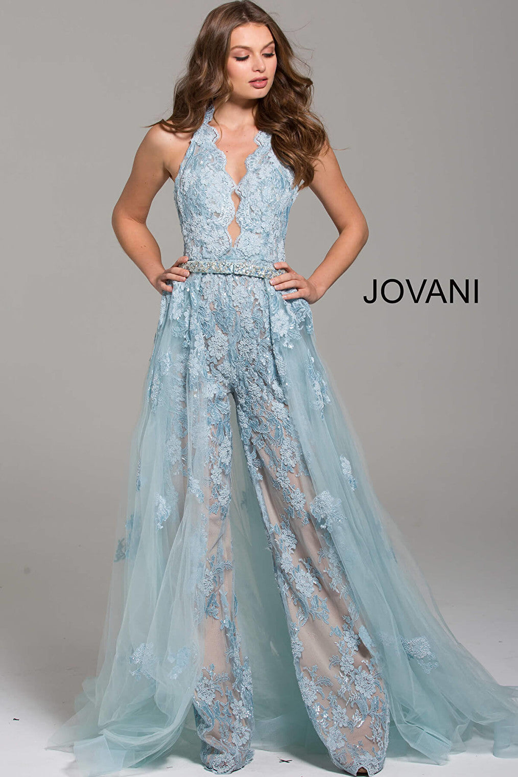 light blue sleeveless open back lace prom jumpsuit 60124