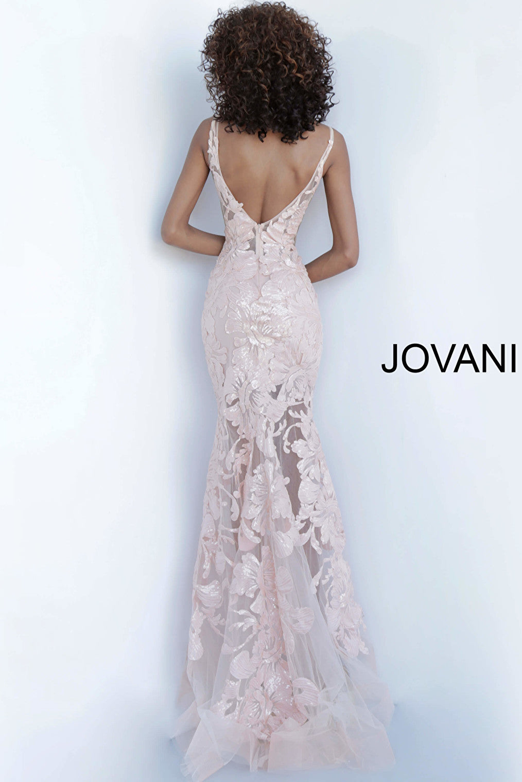 Rose gold V shape back sheath dress Jovani 60283