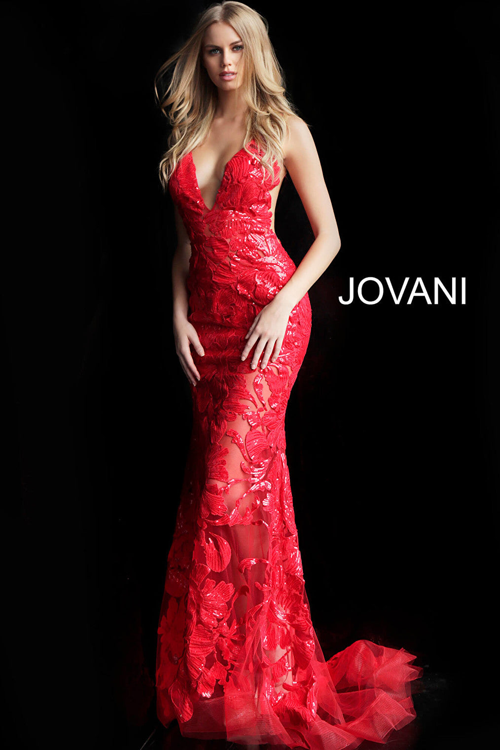 Jovani red plunging neck sequin prom dress 60283