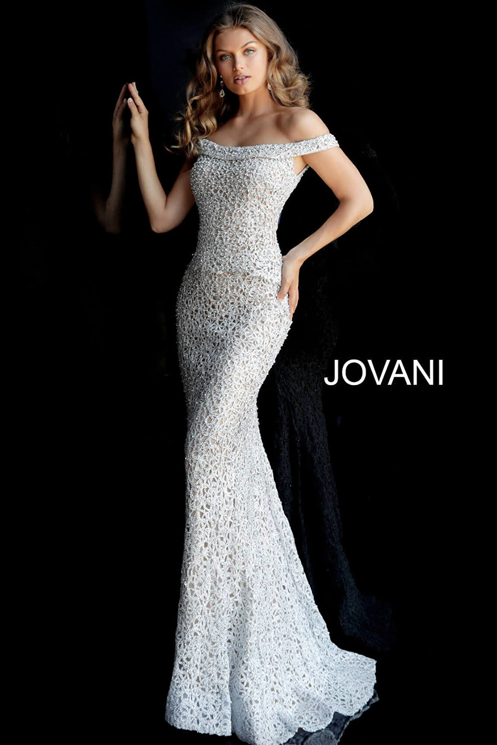 Jovani 61357 Silver Off the Shoulder Fitted Evening Dress