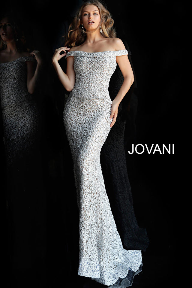 Jovani 61357 Silver Off the Shoulder Fitted Evening Dress