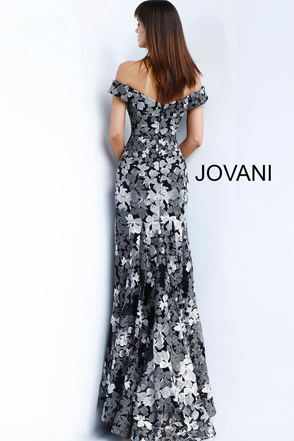 Jovani black and grey floral embroidered evening dress 61380