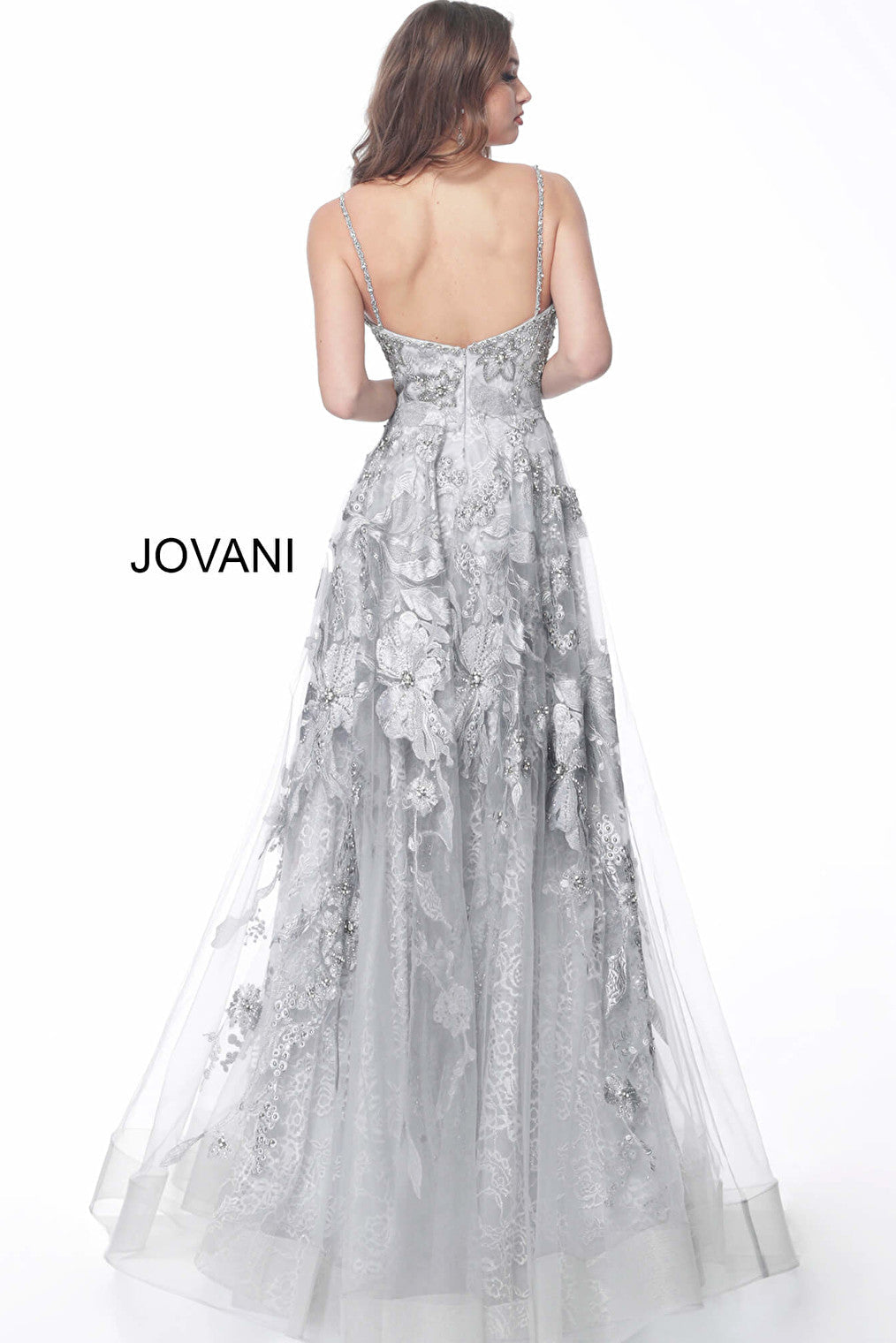Jovani silver embroidered long evening dress 62405