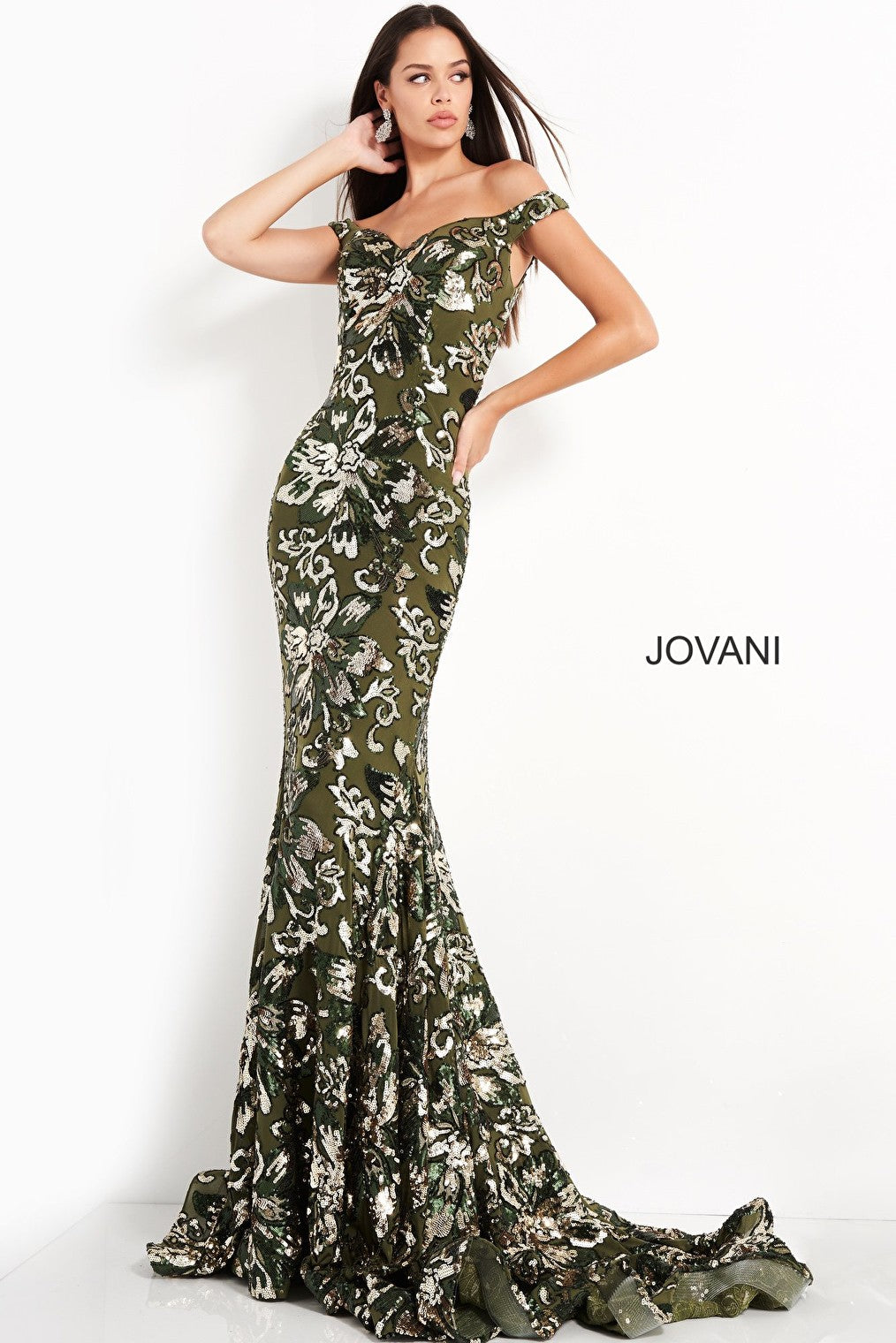 Green gold embellished Jovani evening dress 63516