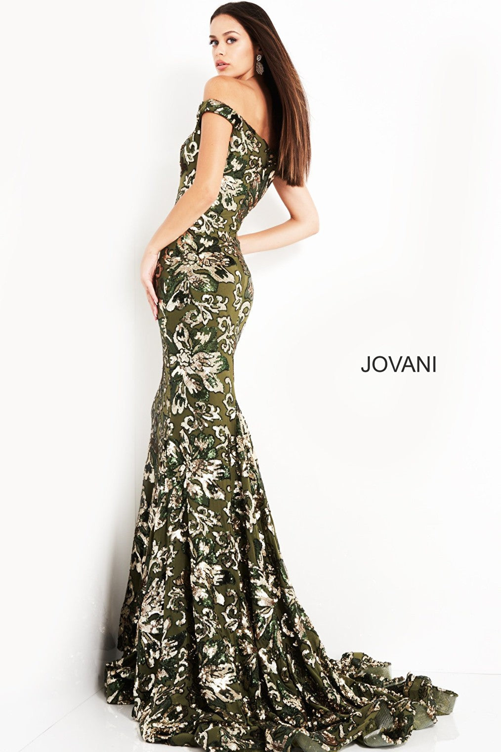 Green gold evening dress Jovani 63516 with train