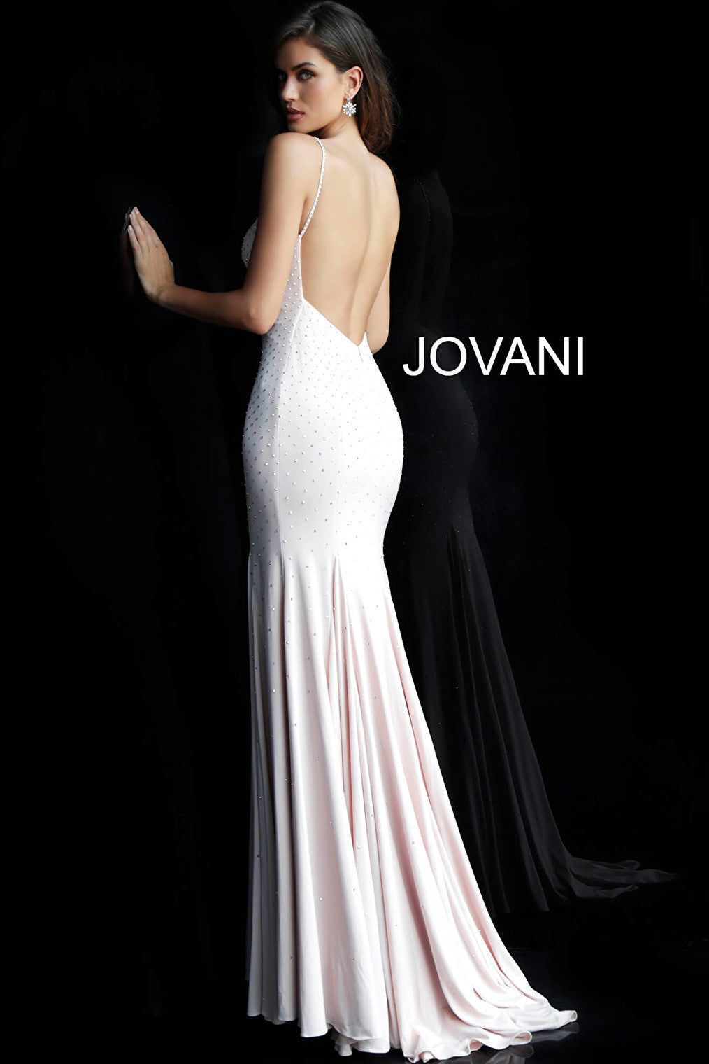 white back view fitted v neck prom gown 63563