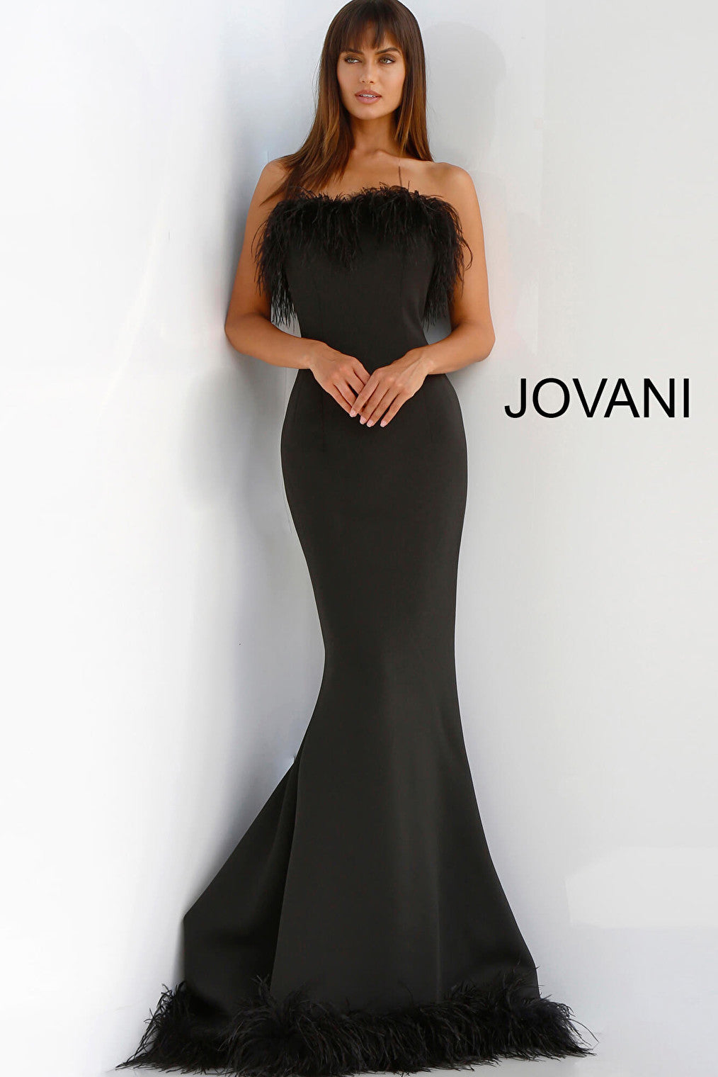 Jovani black feather strapless gown 63891
