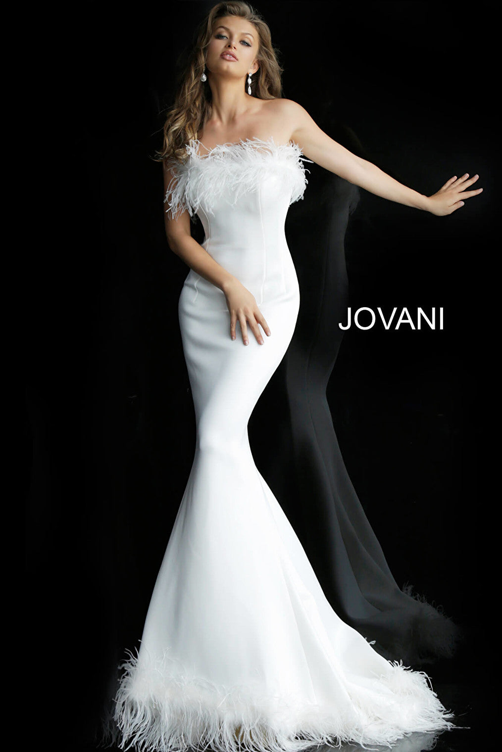 Jovani feather strapless formal gown 63891