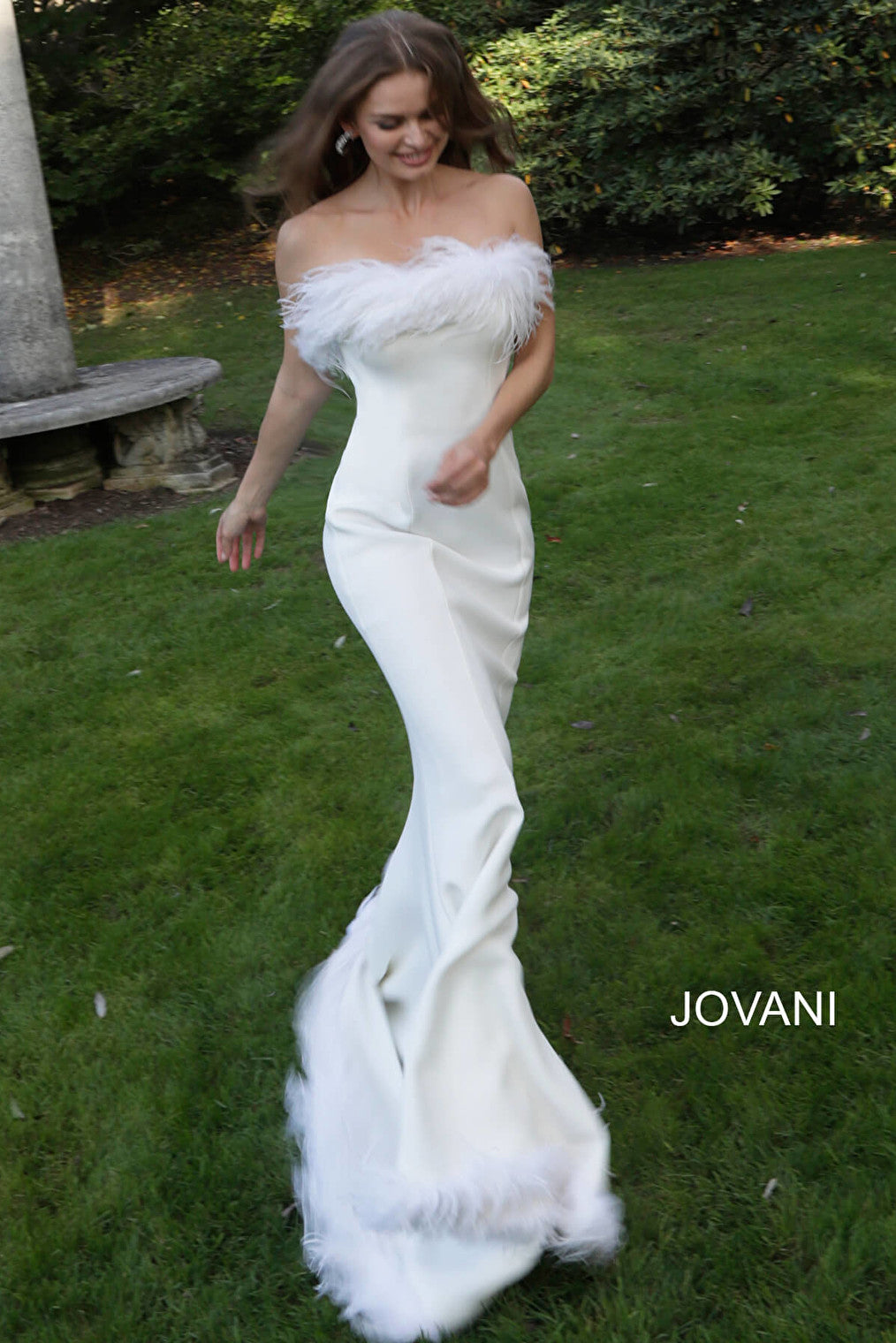 Jovani feather minimal wedding gown 63891
