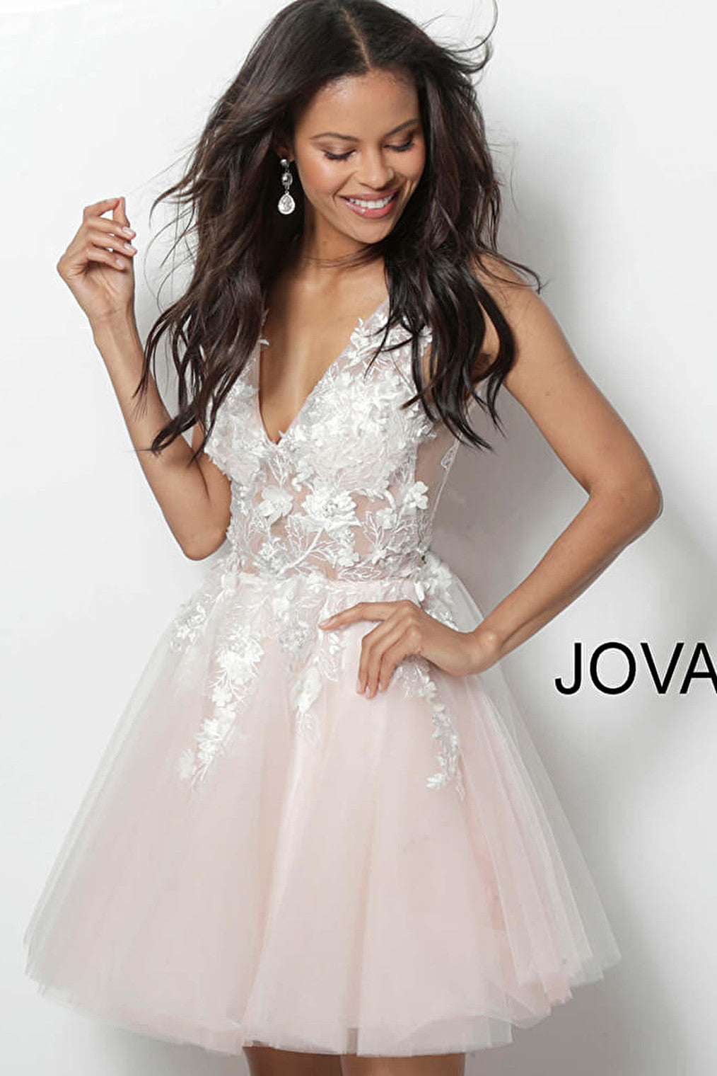 Jovani blush sheer bodice sleeveless flared short dress 63987