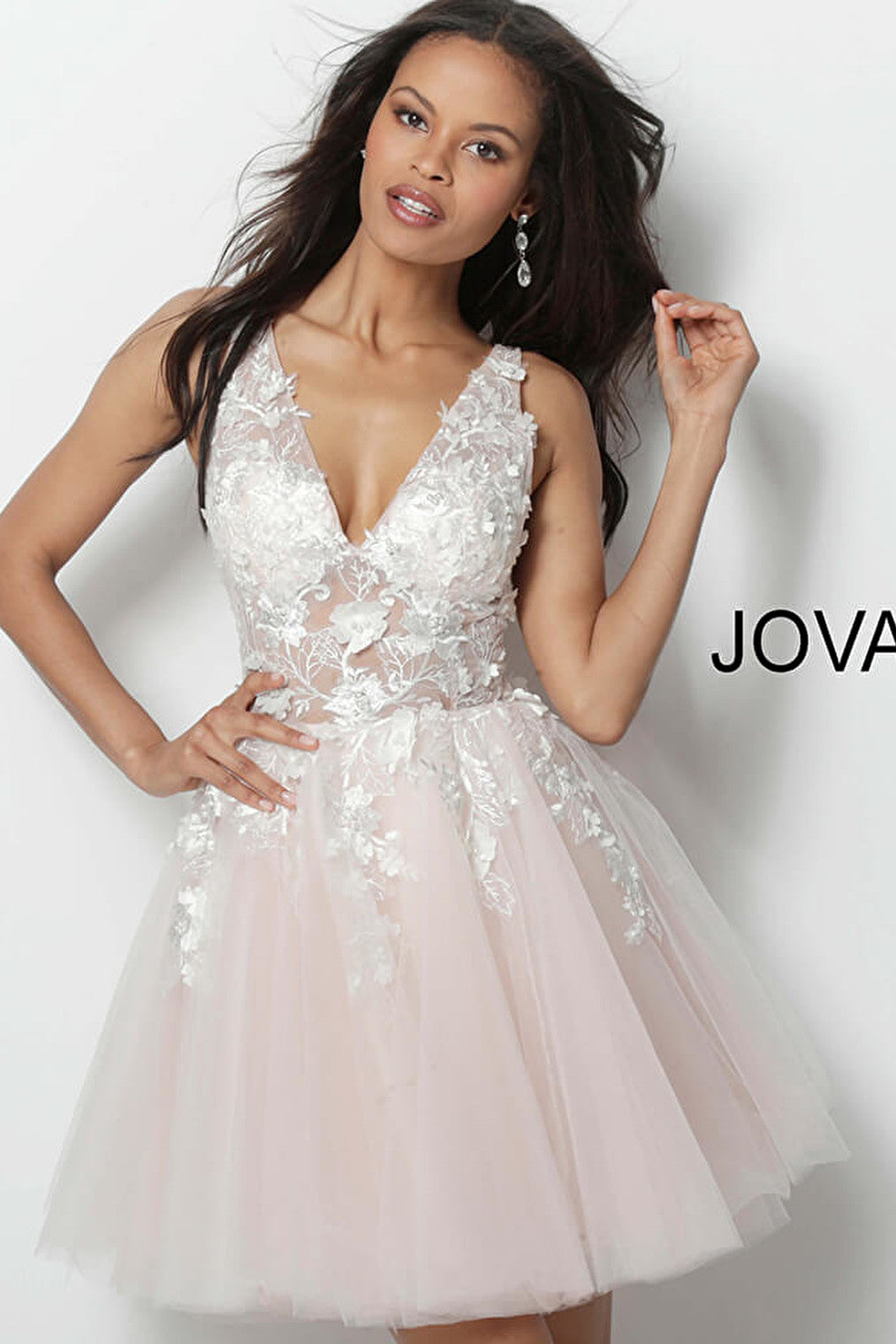 Jovani blush v-neck floral embroidered A-line dress 63987