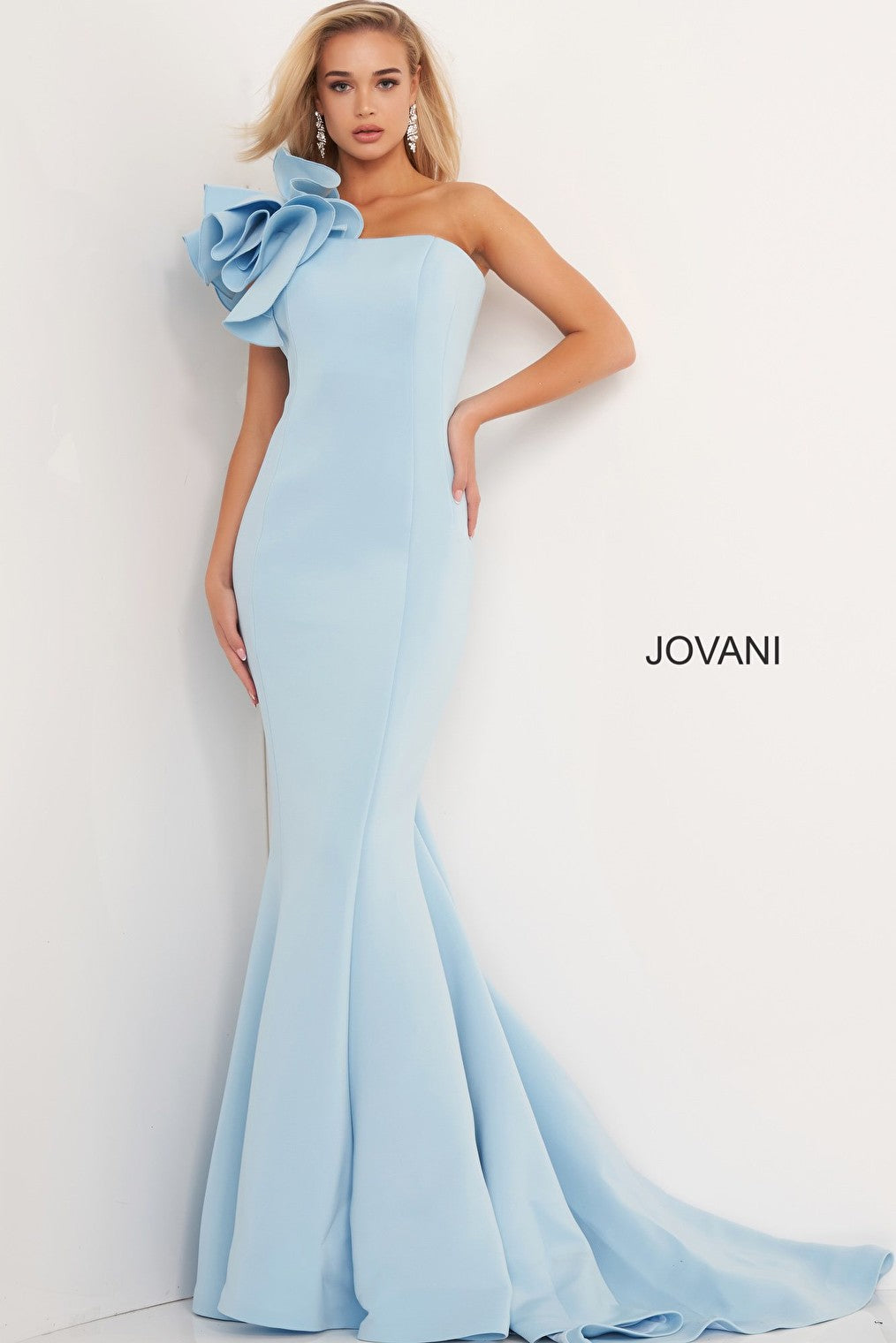 One ruffle shoulder light blue Jovani evening dress 63994