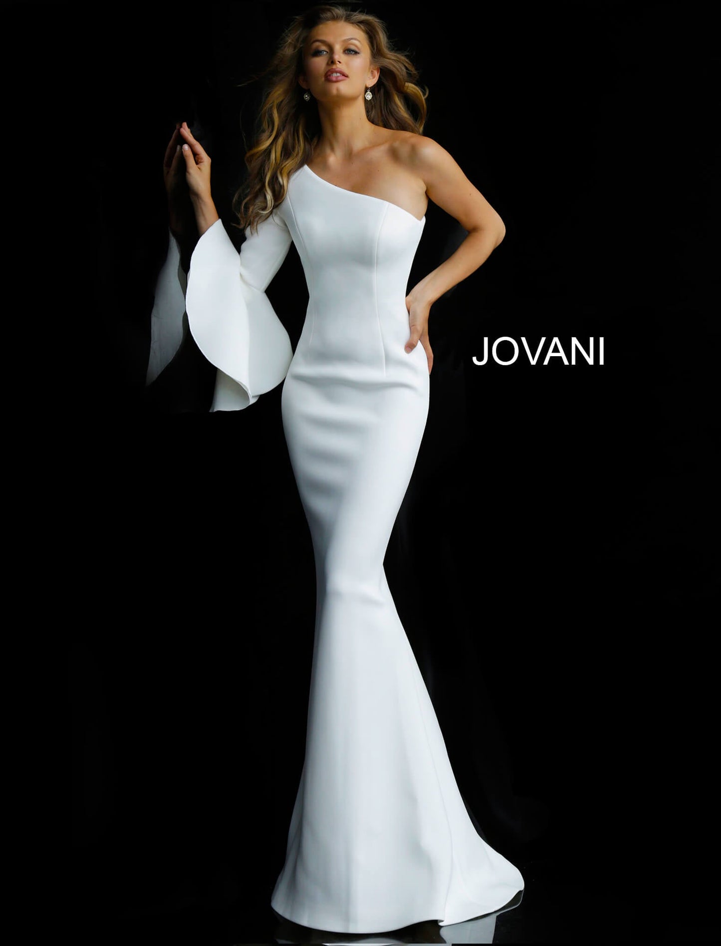 White One Shoulder Long Sleeve Wedding Dress 66821