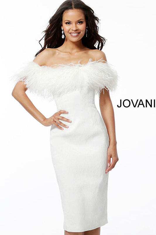 Jovani 67118 White Off the Shoulder Feather Neckline Knee Length Dress