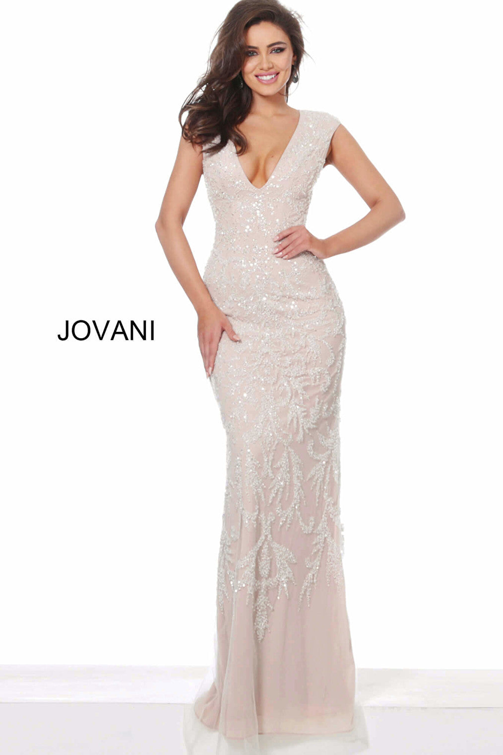 Silver nude beaded fitted dress Jovani 8102