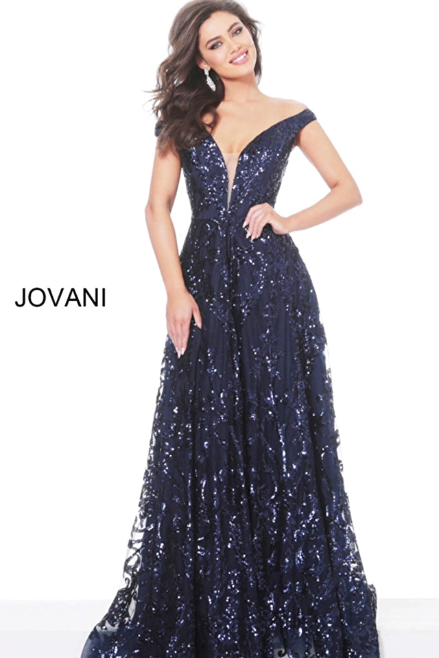 Jovani 02932 Navy Off the Shoulder Sequin Evening Dress