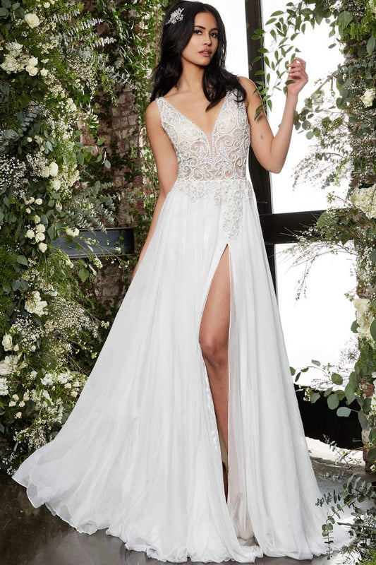Jovani JB06795 Off White Chiffon High Slit Wedding Dress