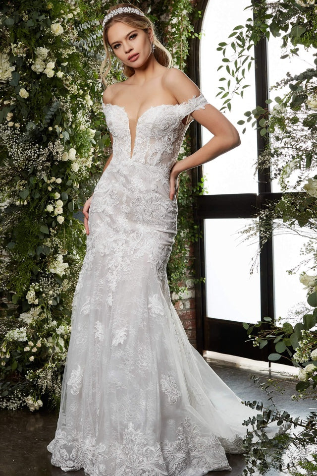 Jovani JB07266 Off White Lace Plunging Neck Bridal Dress