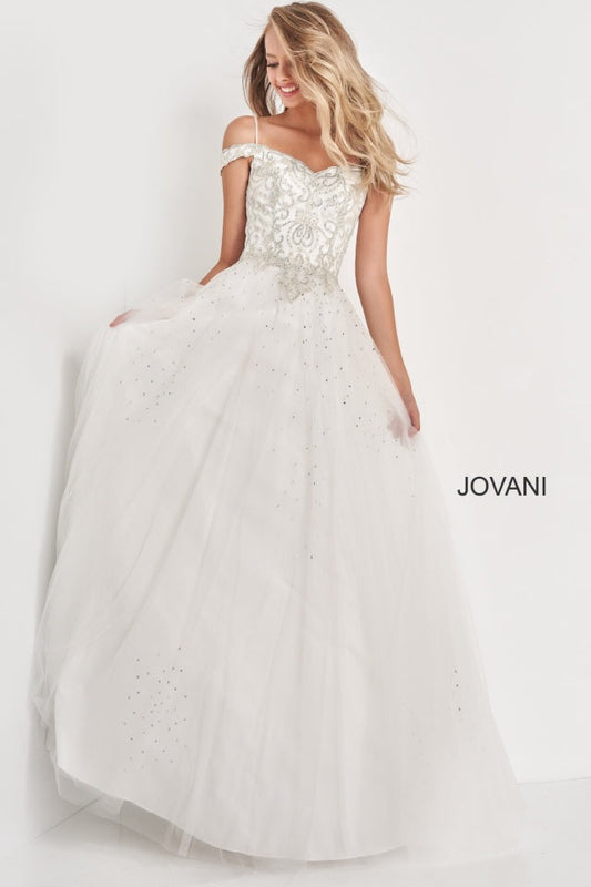 White Off the Shoulder Long Jovani Girls Dress K66721