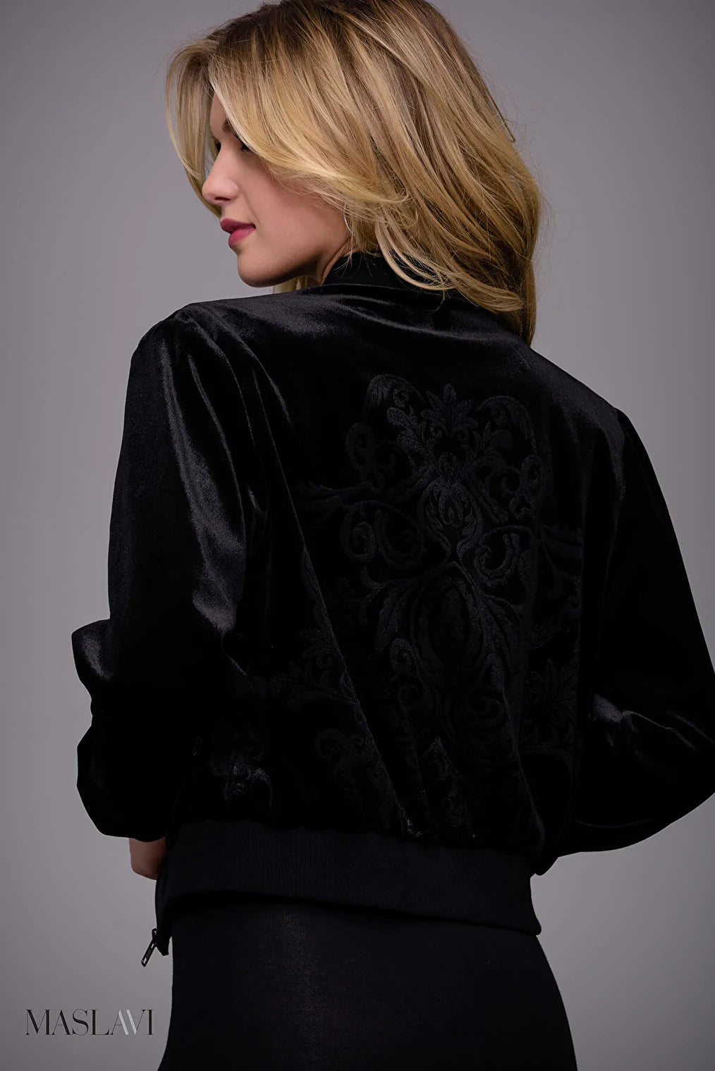 Black Embroidered Ready to Wear Bomber Jacket by Jovani M51285