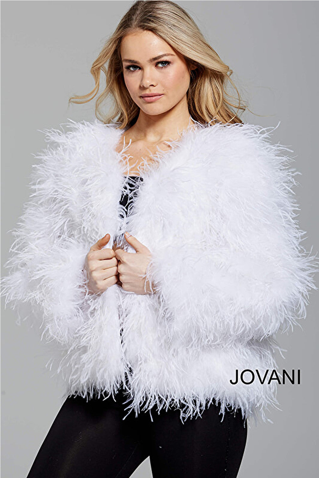 Jovani white ostrich feather long sleeve jacket M63366