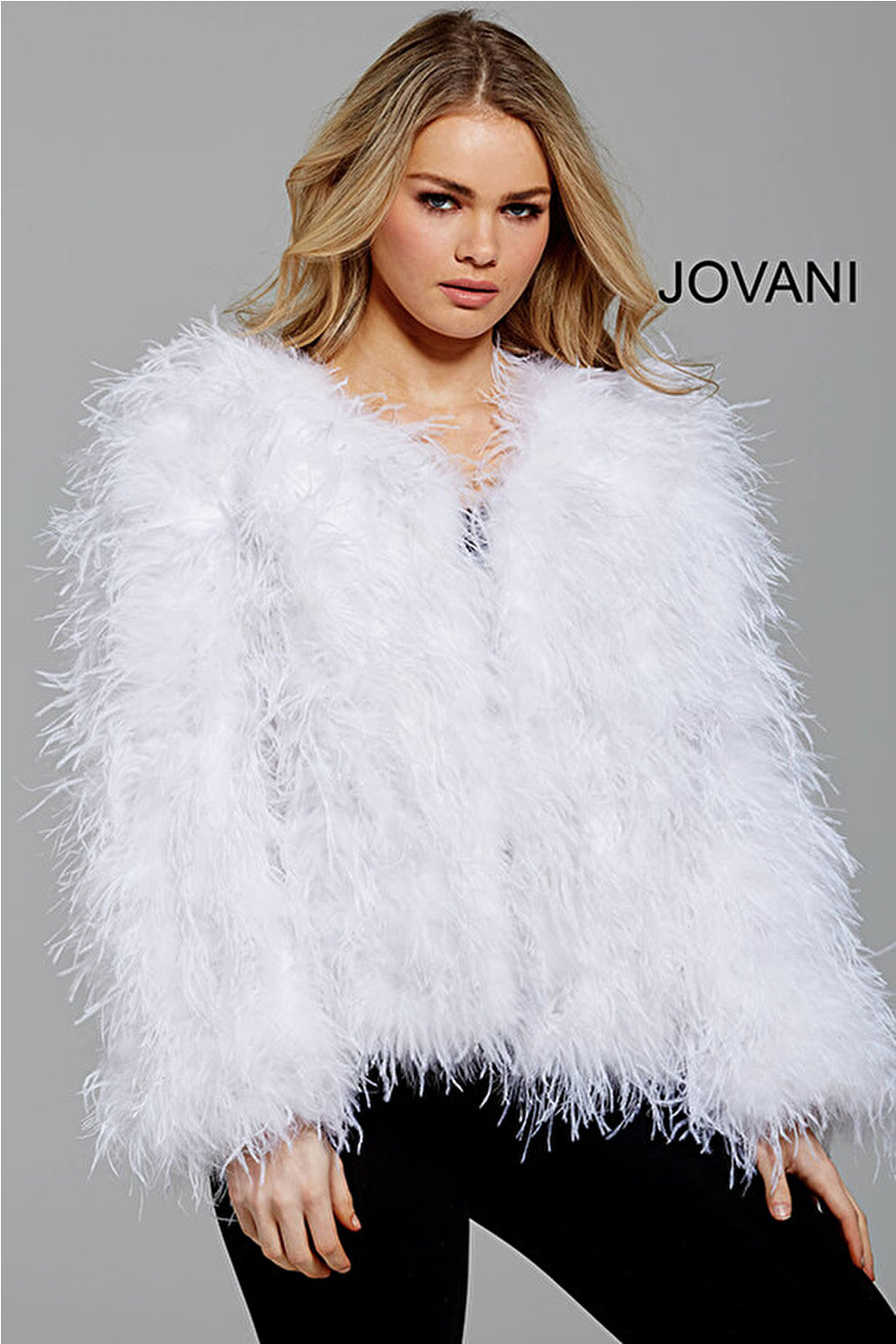 Jovani white feather long sleeve jacket M63366
