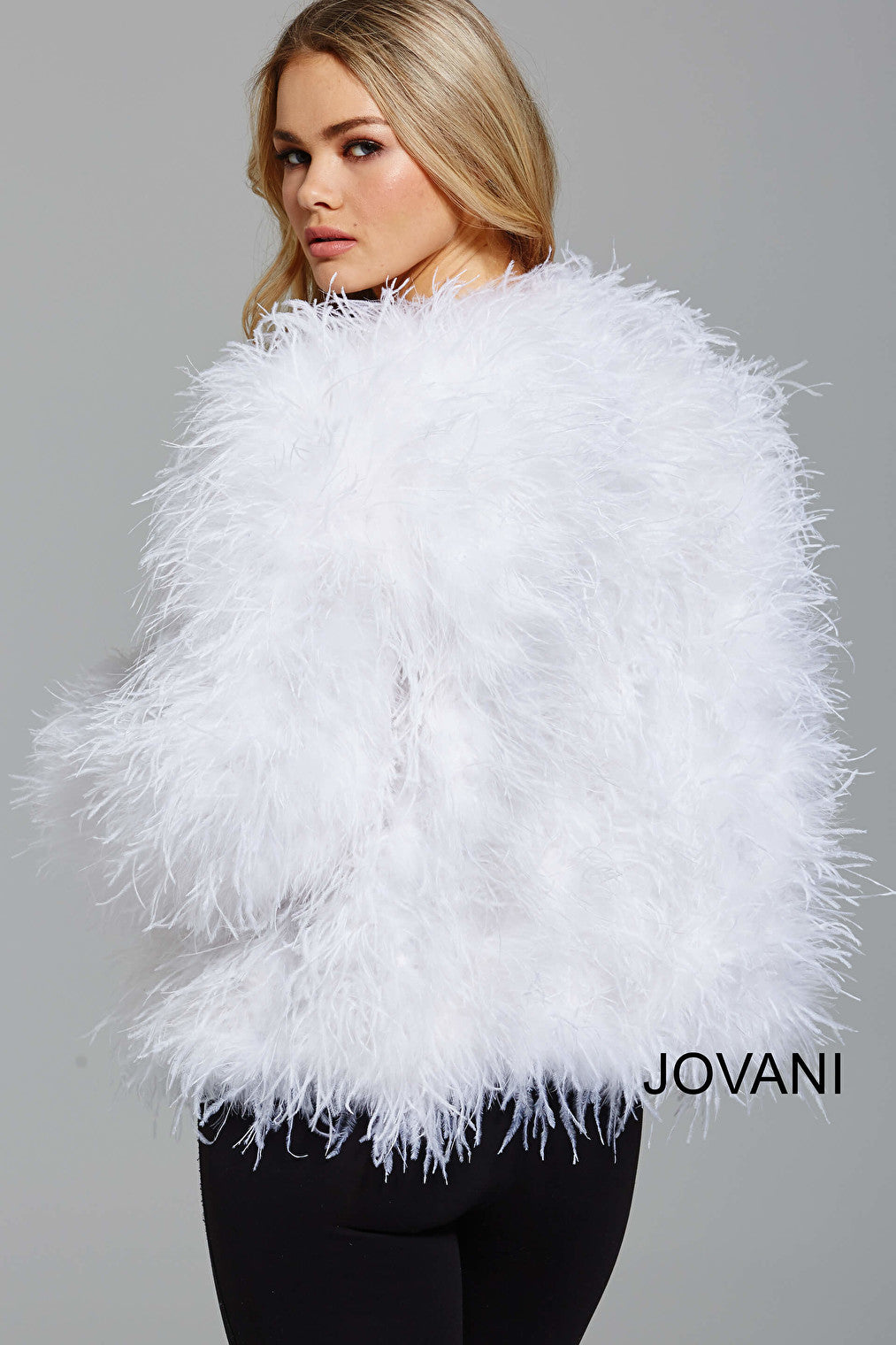 Jovani white ostrich feather bomber jacket M63366