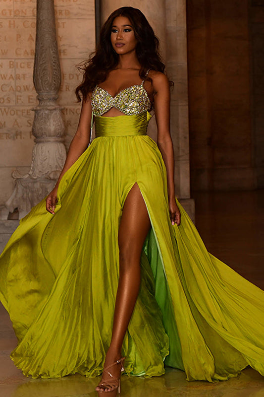 Jovani S05823 Lime Chiffon High Slit Couture Gown